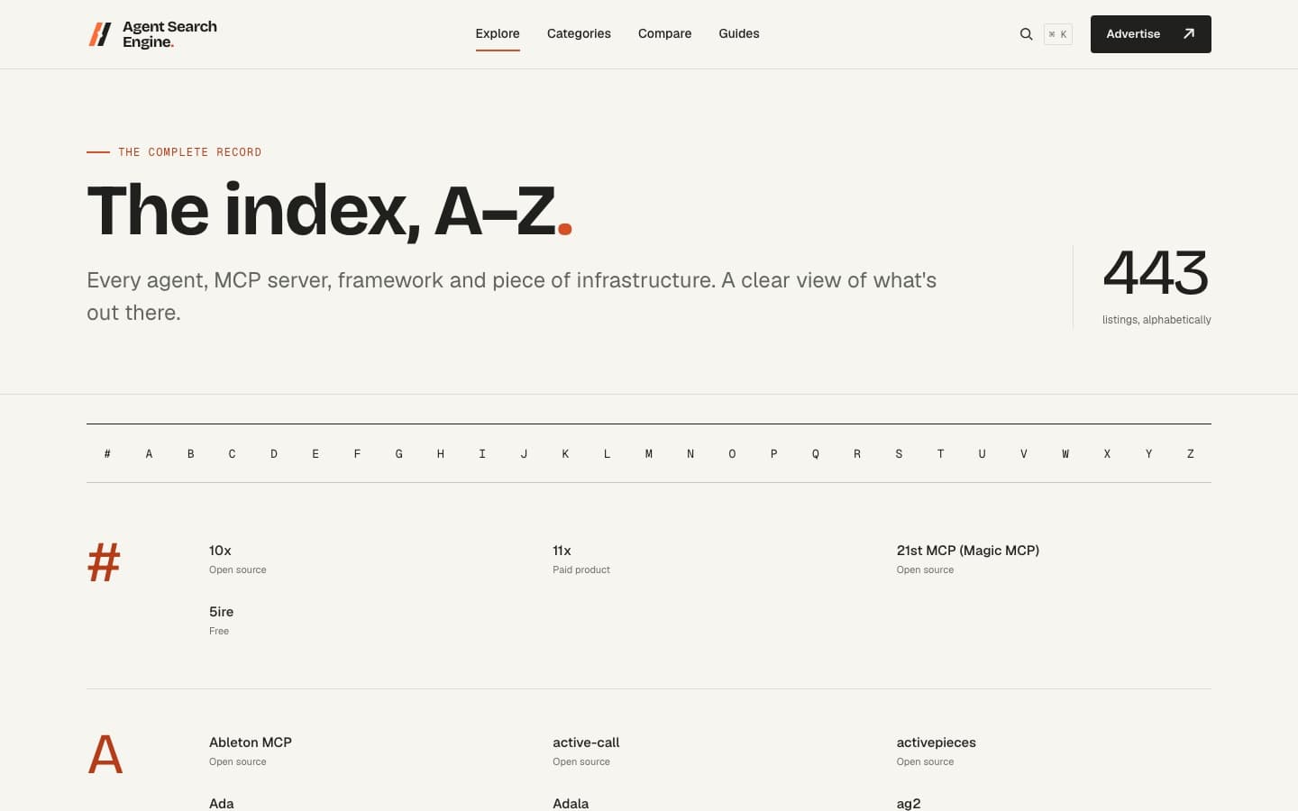 Agent Search Engine a–z index page
