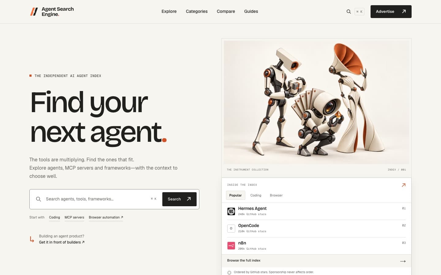 Agent Search Engine homepage on a desktop screen