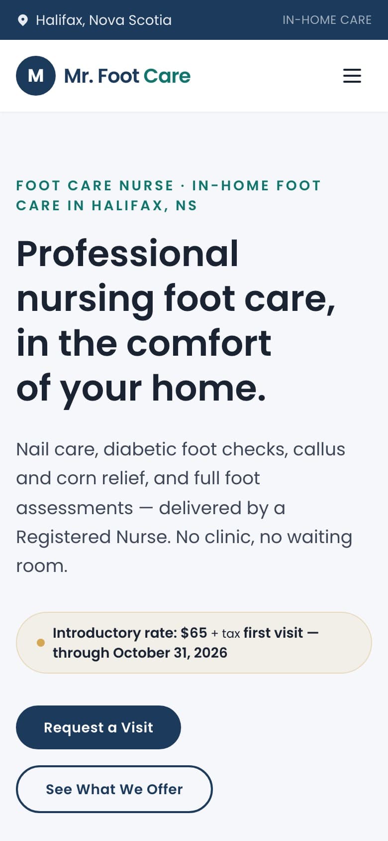 Mr. Foot Care homepage on a phone