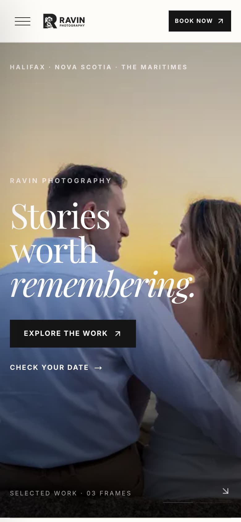 Ravin Photography homepage on a phone
